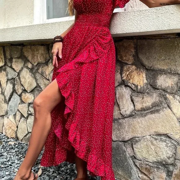 RED Boho Polka Dot Butterfly Sleeve Maxi Dress - Picture 5 of 6